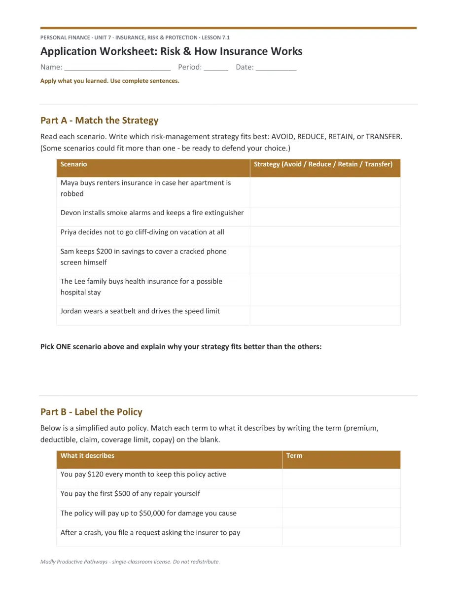 Personal Finance Unit 7 scenario PDF page