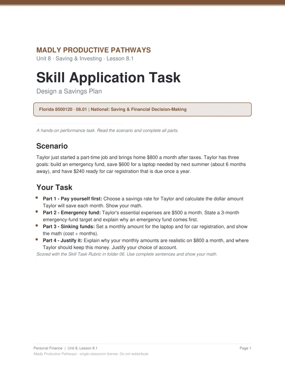 Personal Finance Unit 8 activity PDF page