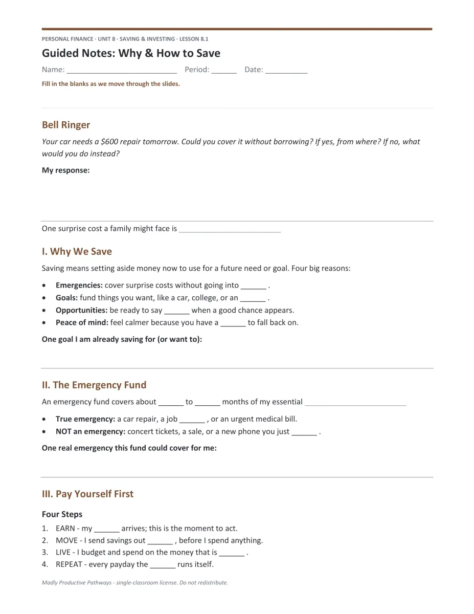 Personal Finance Unit 8 guided notes PDF page