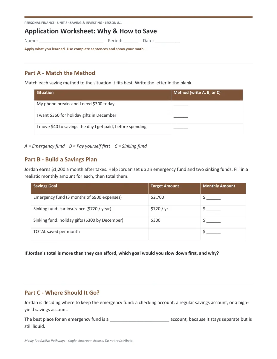 Personal Finance Unit 8 scenario PDF page