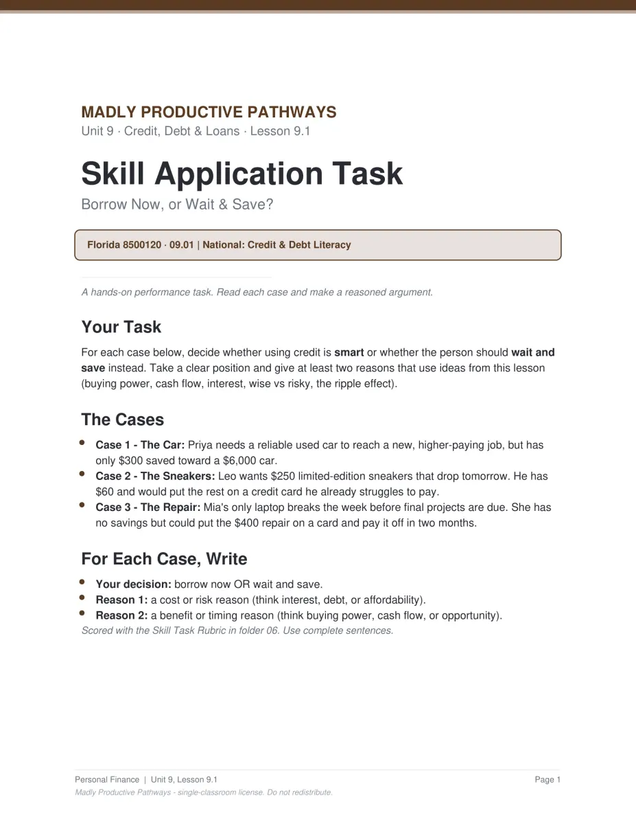 Personal Finance Unit 9 activity PDF page