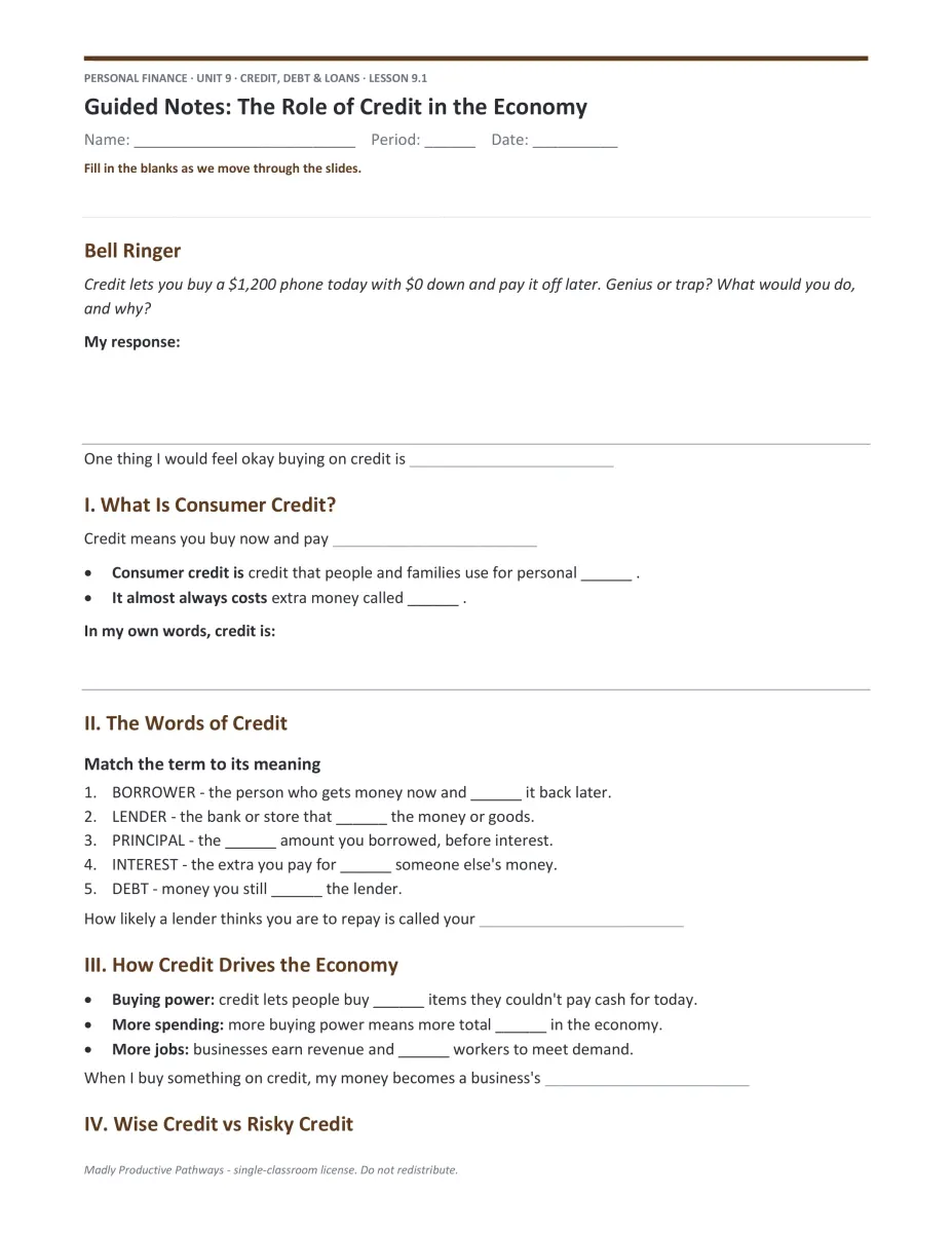 Personal Finance Unit 9 guided notes PDF page