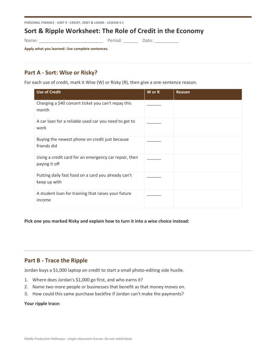 Personal Finance Unit 9 scenario PDF page
