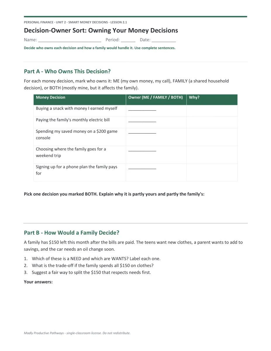 Personal Finance course scenario PDF page