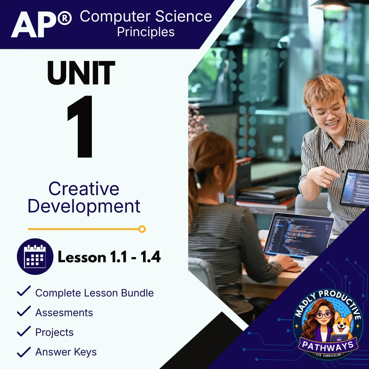 AP Computer Science Principles Unit 1 bundle cover, Creative Development