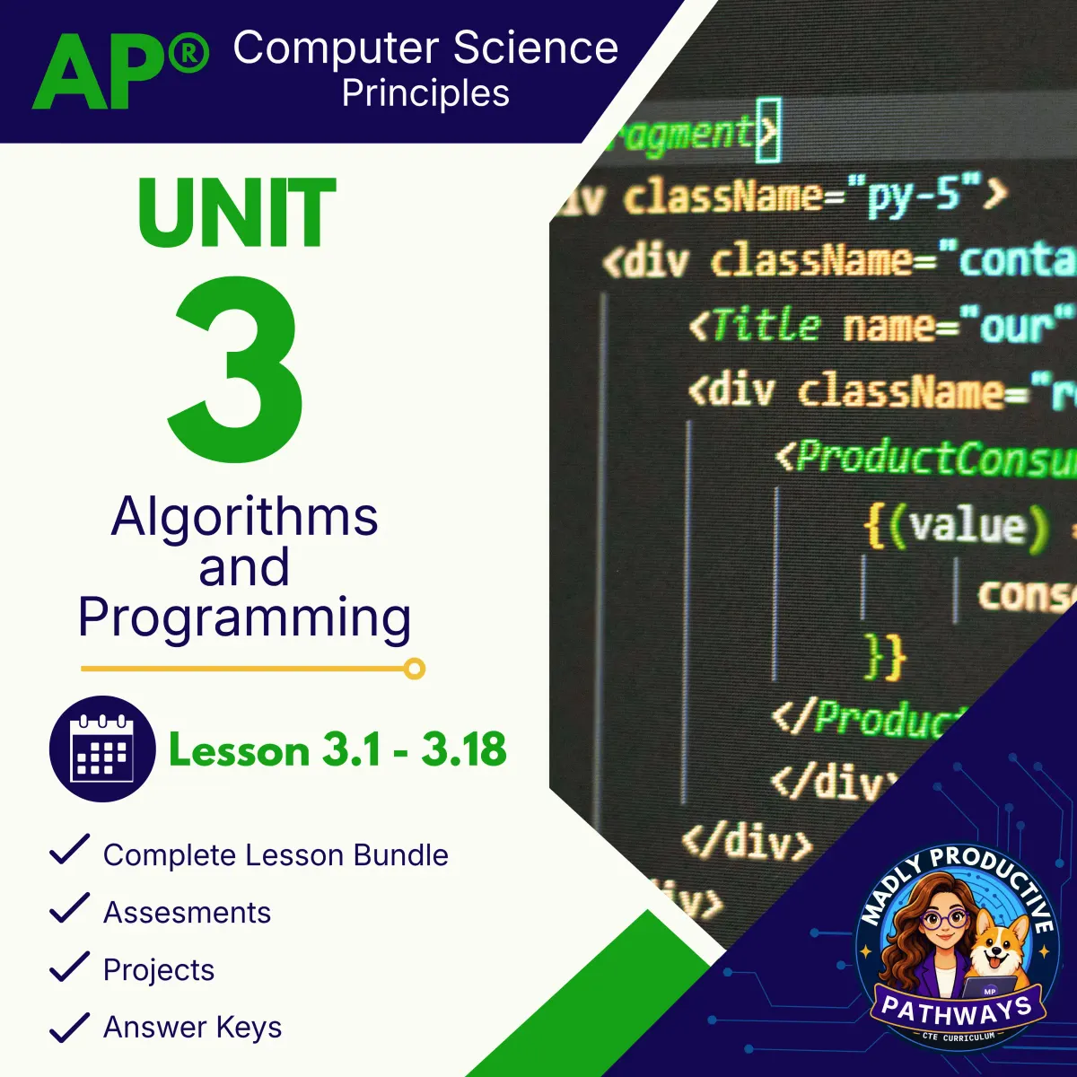 AP Computer Science Principles Unit 3 bundle cover, Algorithms and Programming
