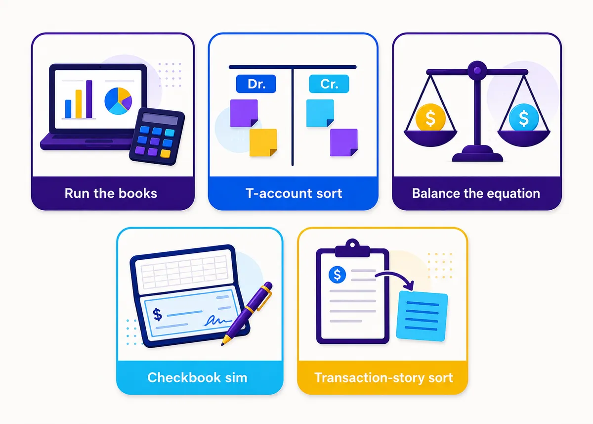 Beginner accounting activity tiles: Run the books, T-account sort, Balance the equation, Checkbook sim, Transaction-story sort.
