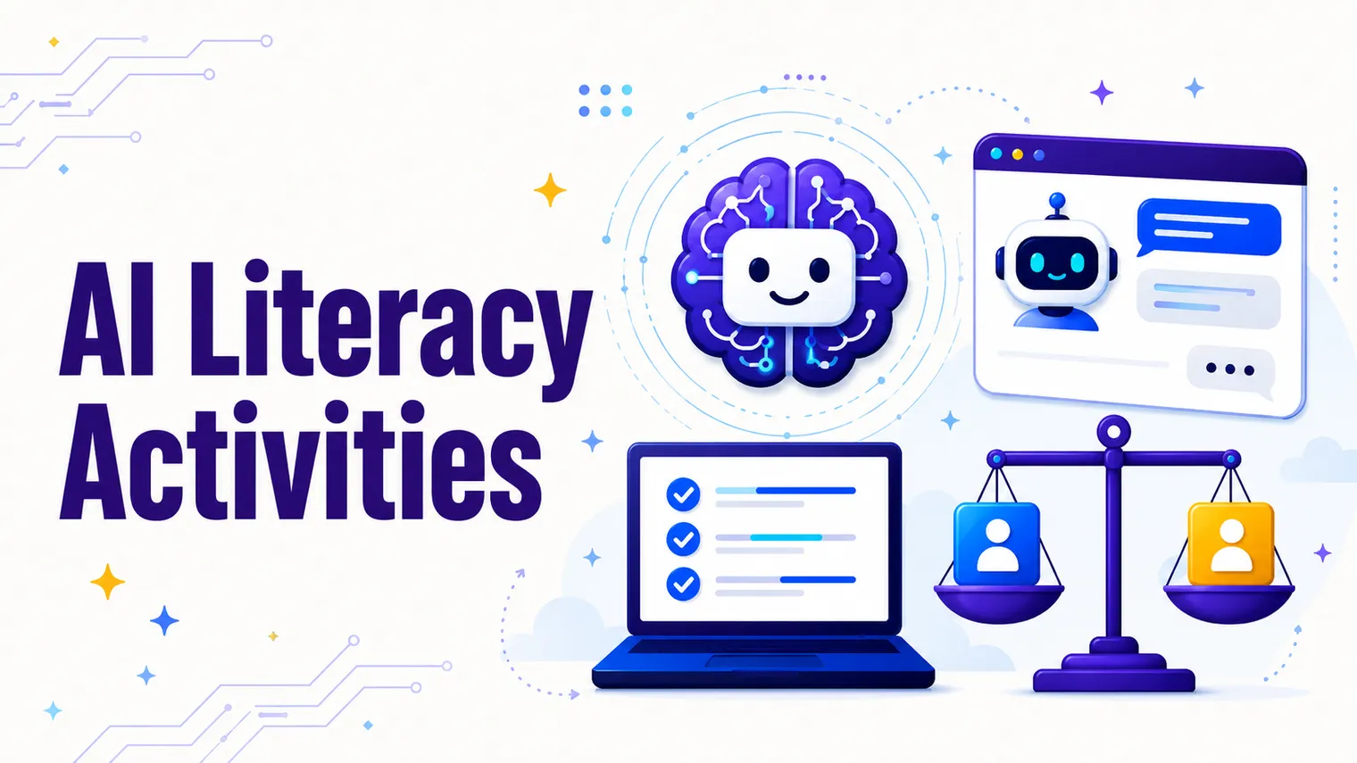 AI literacy scene: a friendly AI brain, a chatbot window, a bias scale.