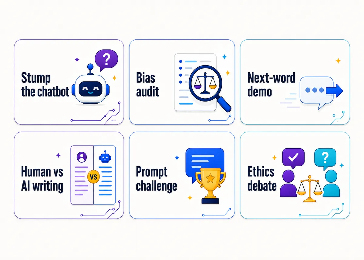 AI literacy activity tiles: Stump the chatbot, Bias audit, Next-word demo, Human vs AI writing, Prompt challenge, Ethics debate.