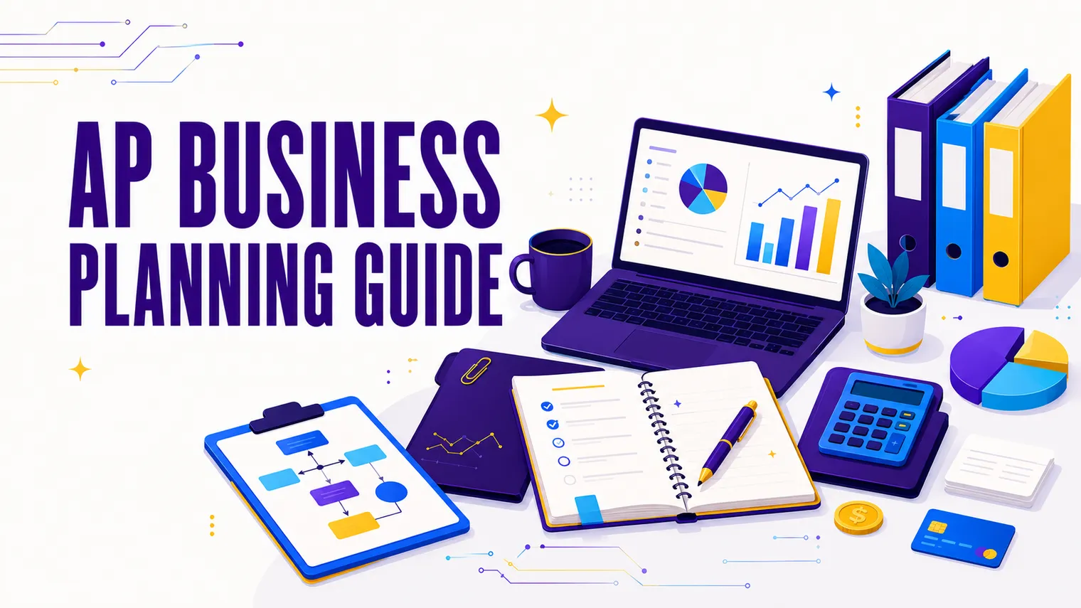 An AP business planning desk: business and personal-finance icons, folders, charts.