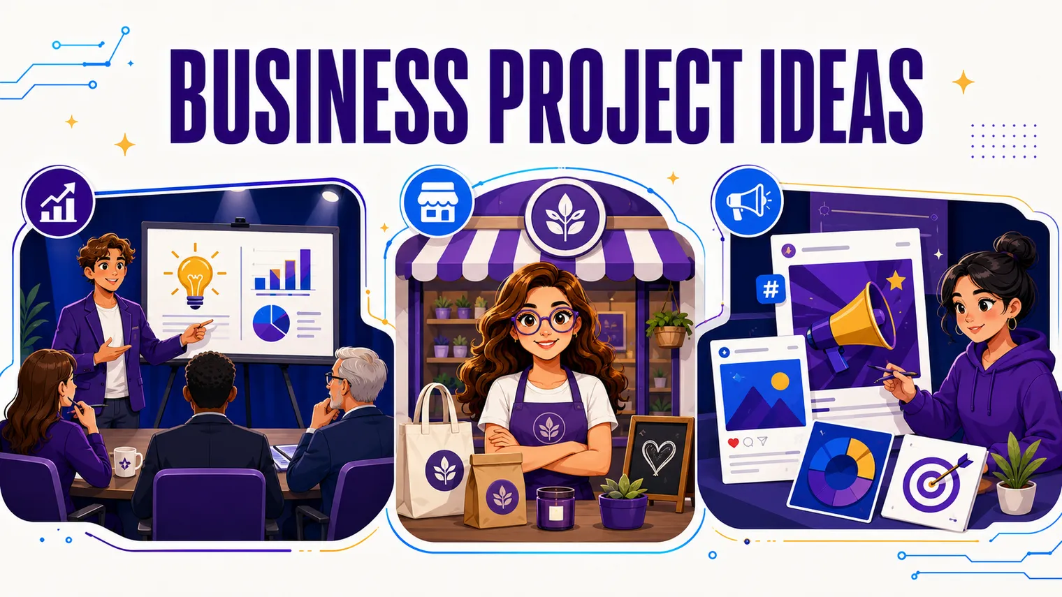 A collage of business projects: a Shark-Tank pitch, a storefront, a campaign.