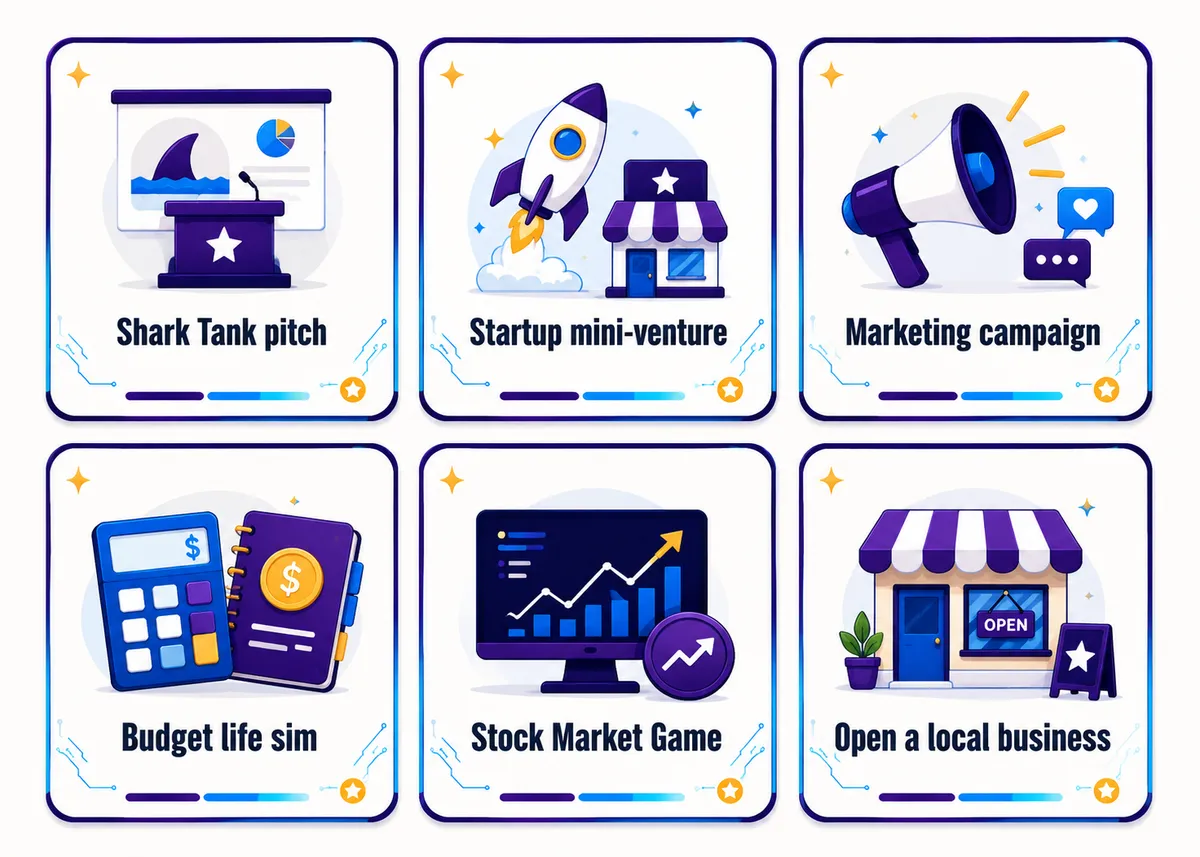 A grid of business project tiles: Shark Tank pitch, Startup mini-venture, Marketing campaign, Budget life sim, Stock Market Game, Open a local business.