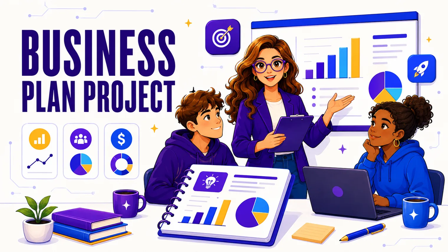 A student business plan document with charts and a pitch.