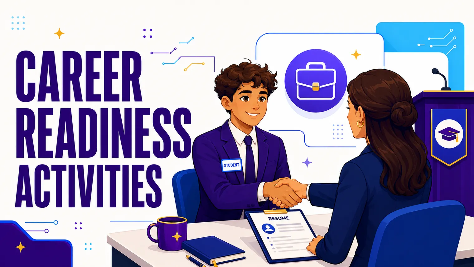 A mock interview scene: resume, handshake, name tag, a podium.