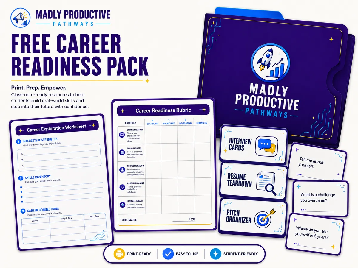Career readiness pack: interview cards, resume teardown, pitch organizer.