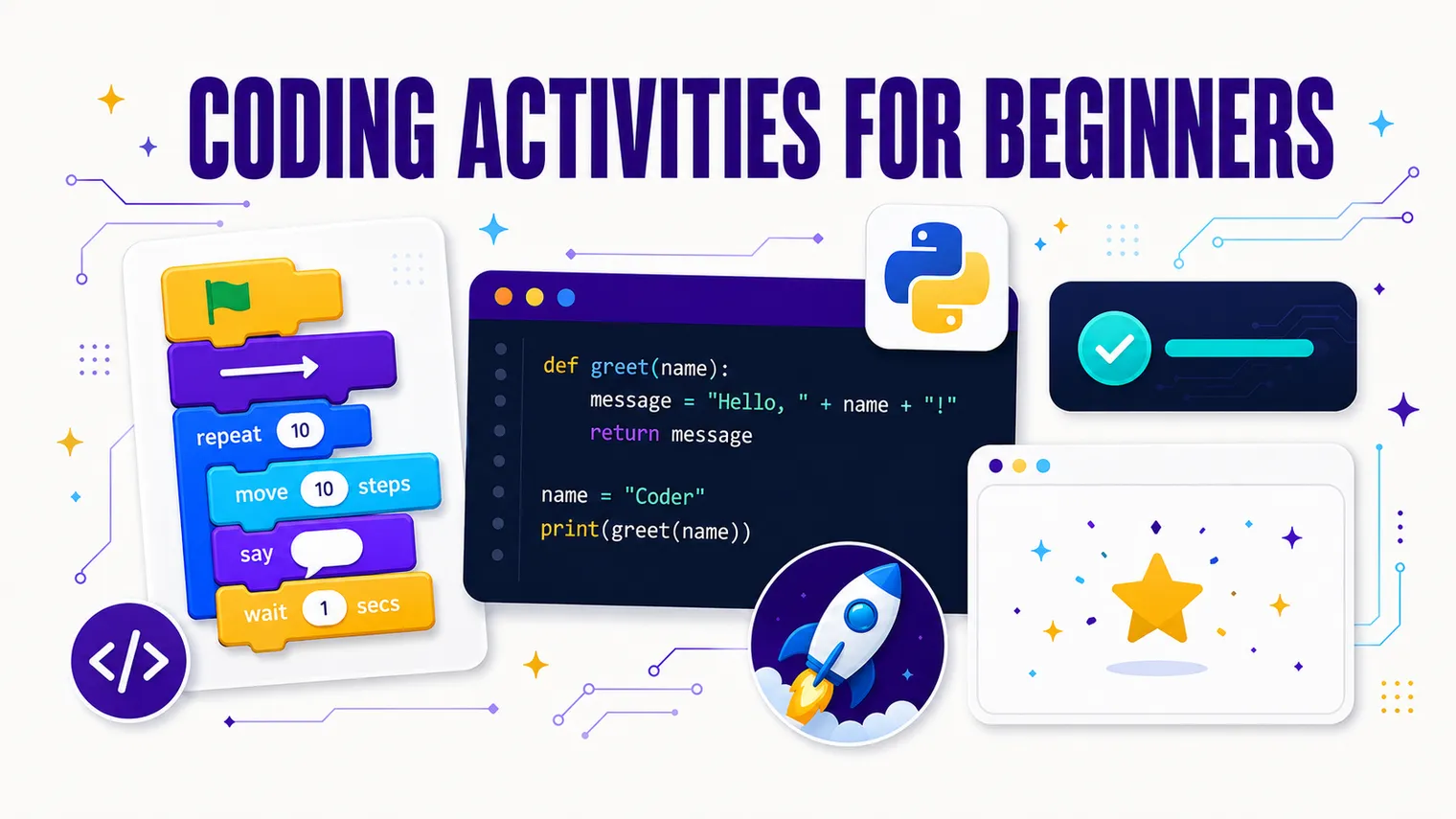 Beginner coding: Scratch-style blocks, a friendly Python snippet, instant feedback.