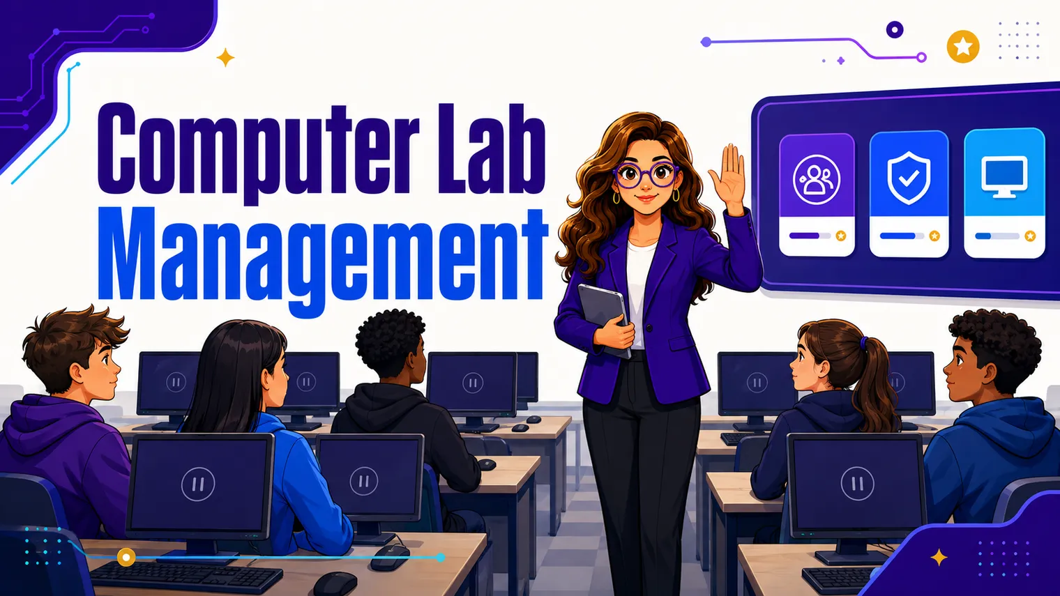 A calm, well-run computer lab with rows of monitors and a clear teacher signal.