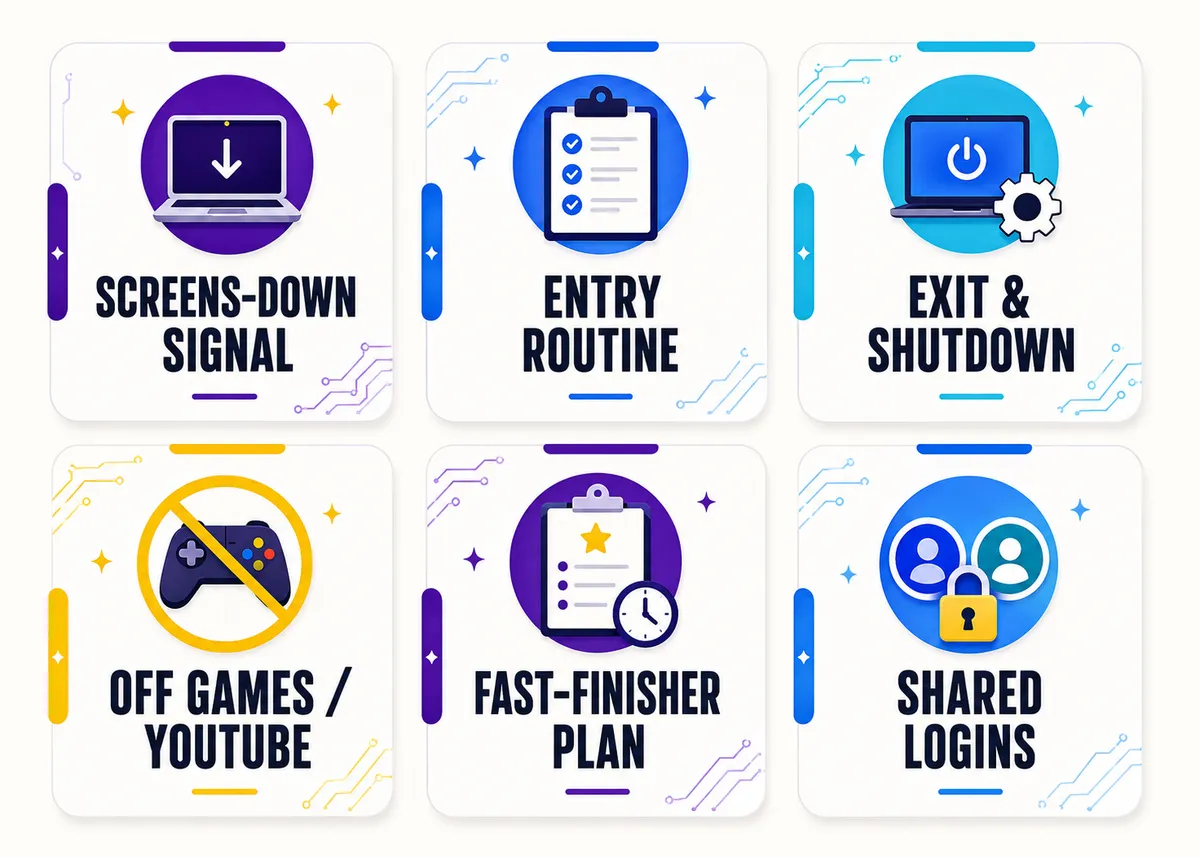 Lab routines and rules tiles: Screens-down signal, Entry routine, Exit & shutdown, Off games / YouTube, Fast-finisher plan, Shared logins