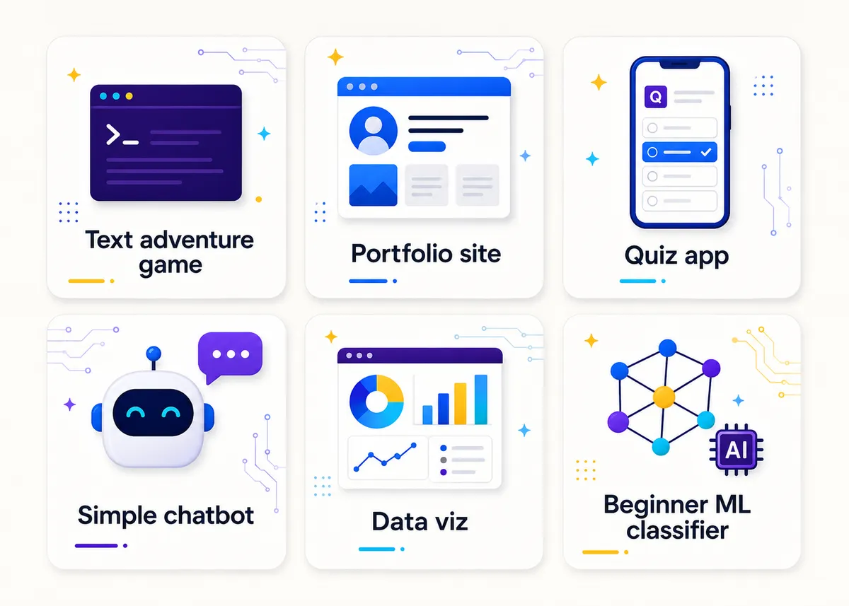 CS project tiles by level: Text adventure game, Portfolio site, Quiz app, Simple chatbot, Data viz, Beginner ML classifier.