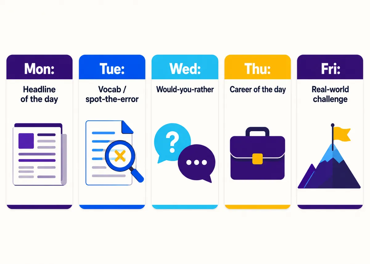 A weekly warm-up routine, one tile per day: Mon, Tue, Wed, Thu, Fri