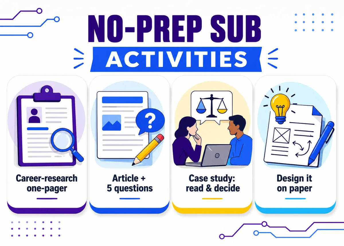 No-prep sub activity tiles: Career-research one-pager, Article + 5 questions, Case study, Design it on paper.