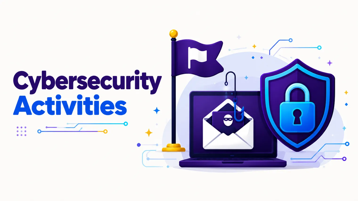 Cyber activity scene: a capture-the-flag flag, a phishing email, a padlock.