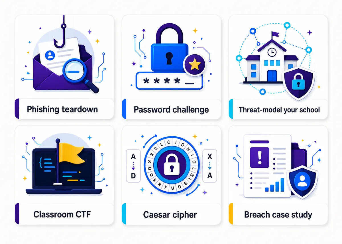 Cyber activity tiles: Phishing teardown, Password challenge, Threat-model your school, Classroom CTF, Caesar cipher, Breach case study.