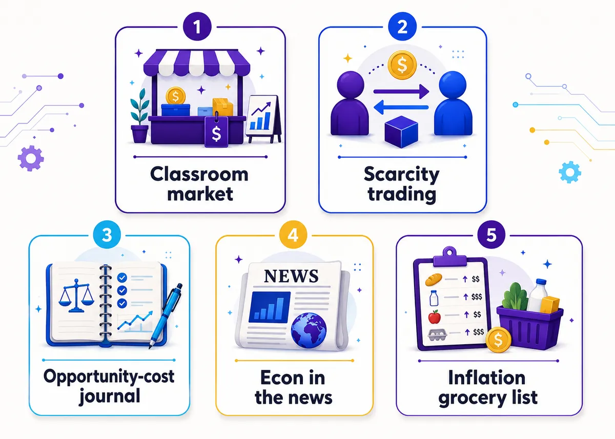 Economics activity tiles: Classroom market, Scarcity trading, Opportunity-cost journal, Econ in the news, Inflation grocery list