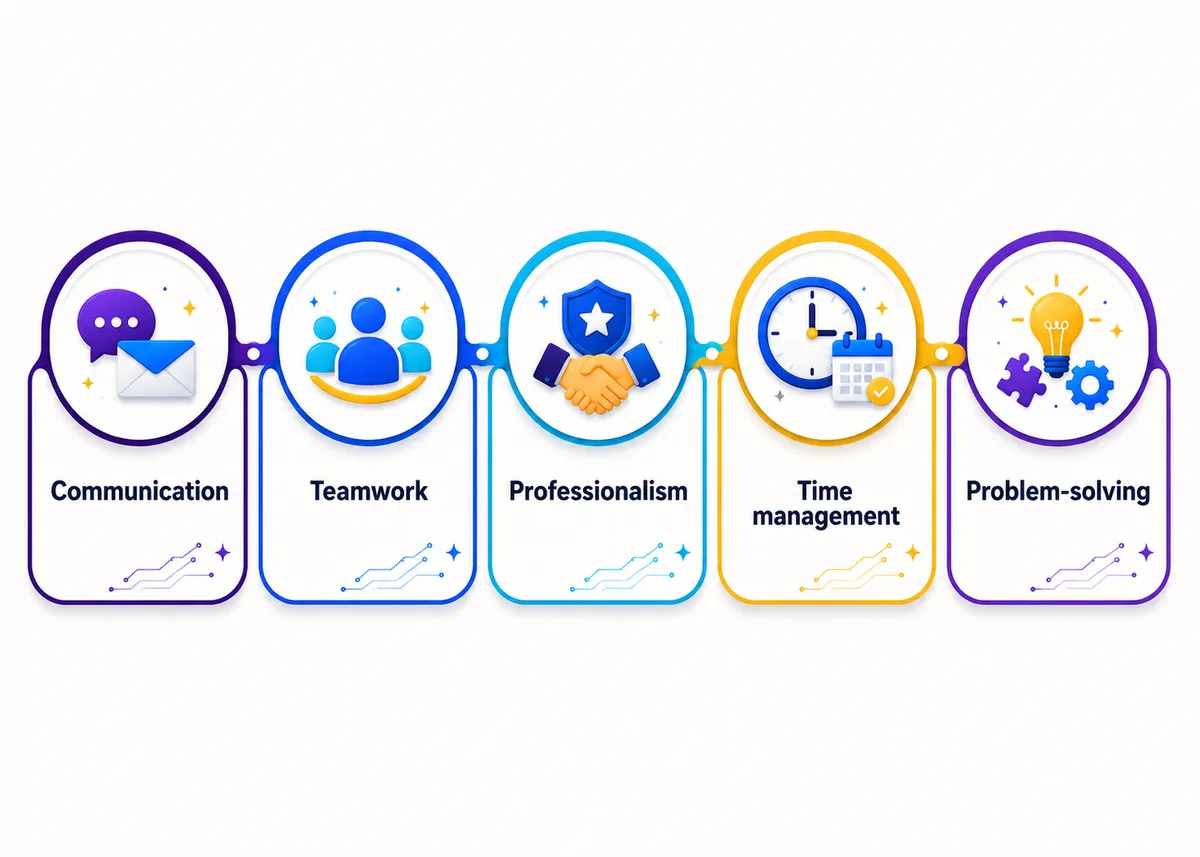 Five employability skills: Communication, Teamwork, Professionalism, Time management, Problem-solving