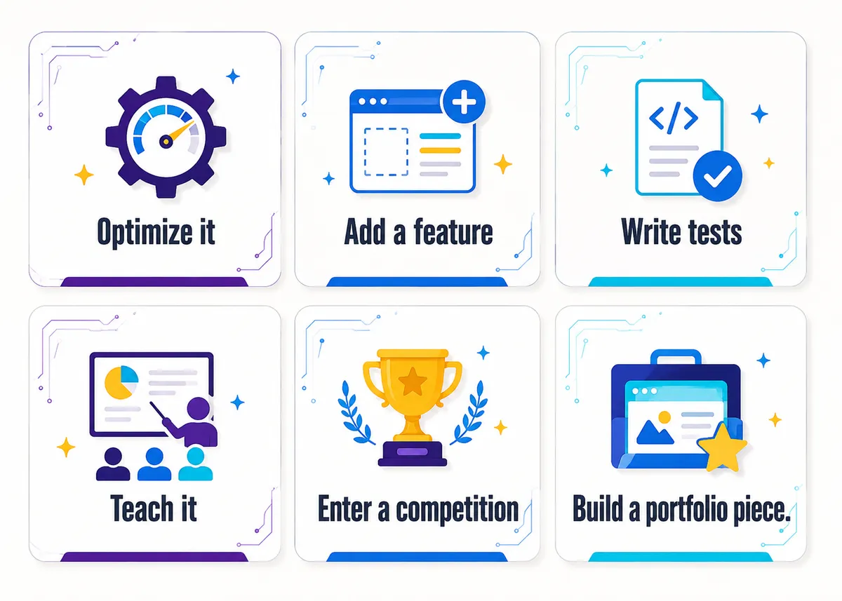 A 'when you're done' menu of tiles: Optimize it, Add a feature, Write tests, Teach it, Enter a competition, Build a portfolio piece.