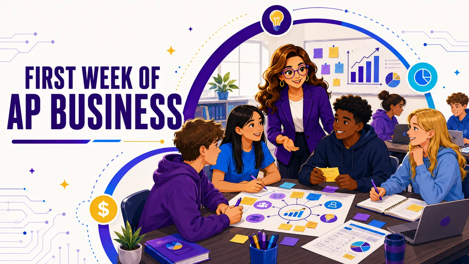 An applied AP business day-one scene, project-based and welcoming.