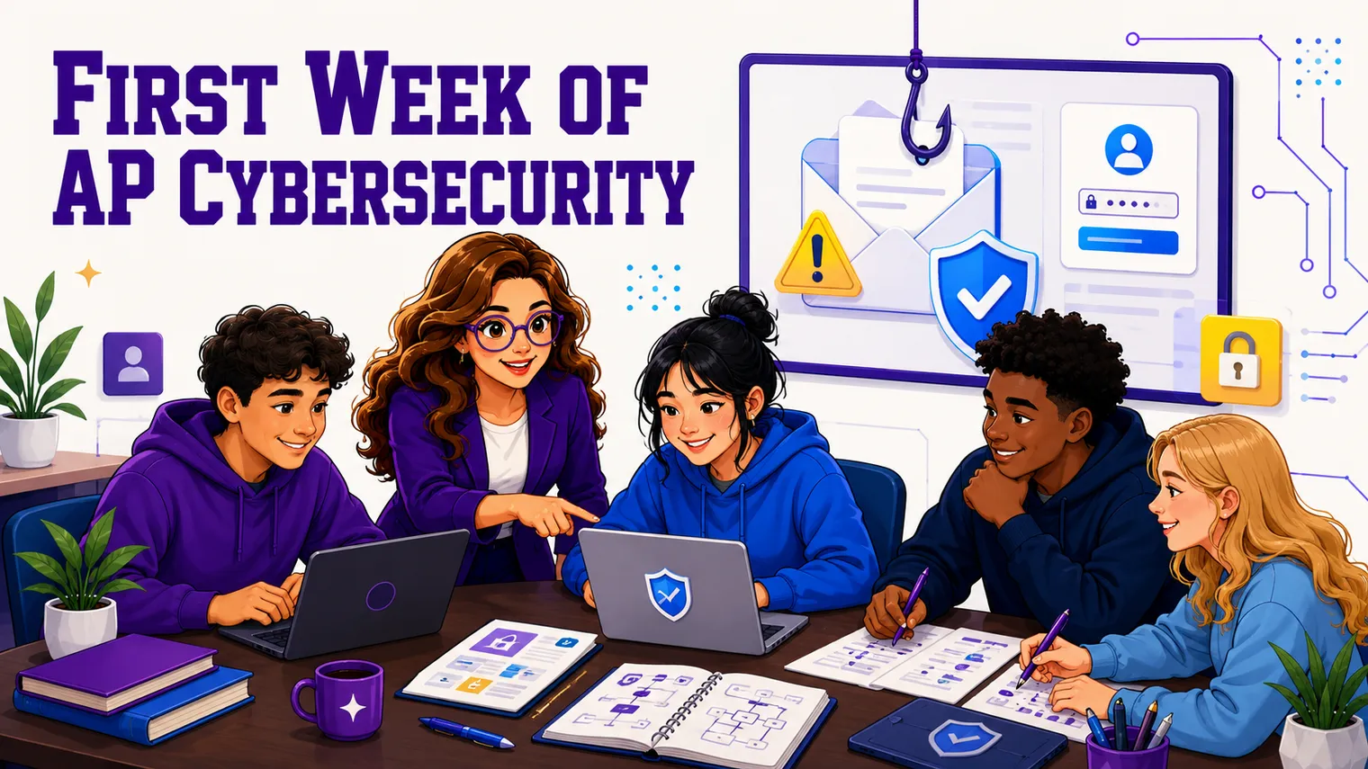 An AP cybersecurity day-one scene with a defender mindset, welcoming.