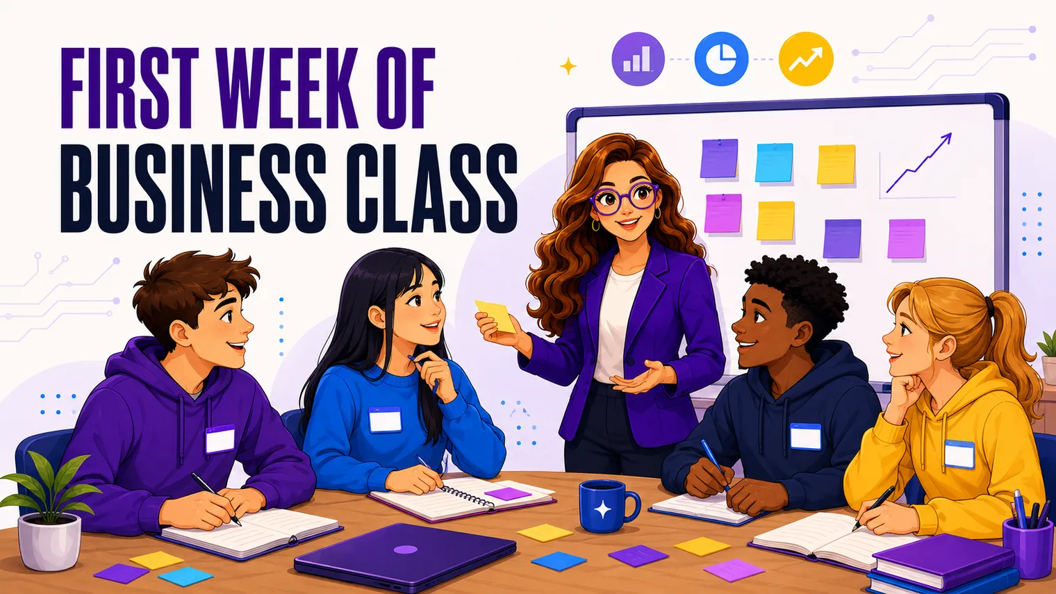 A welcoming day-one business class with sticky notes and name tags.