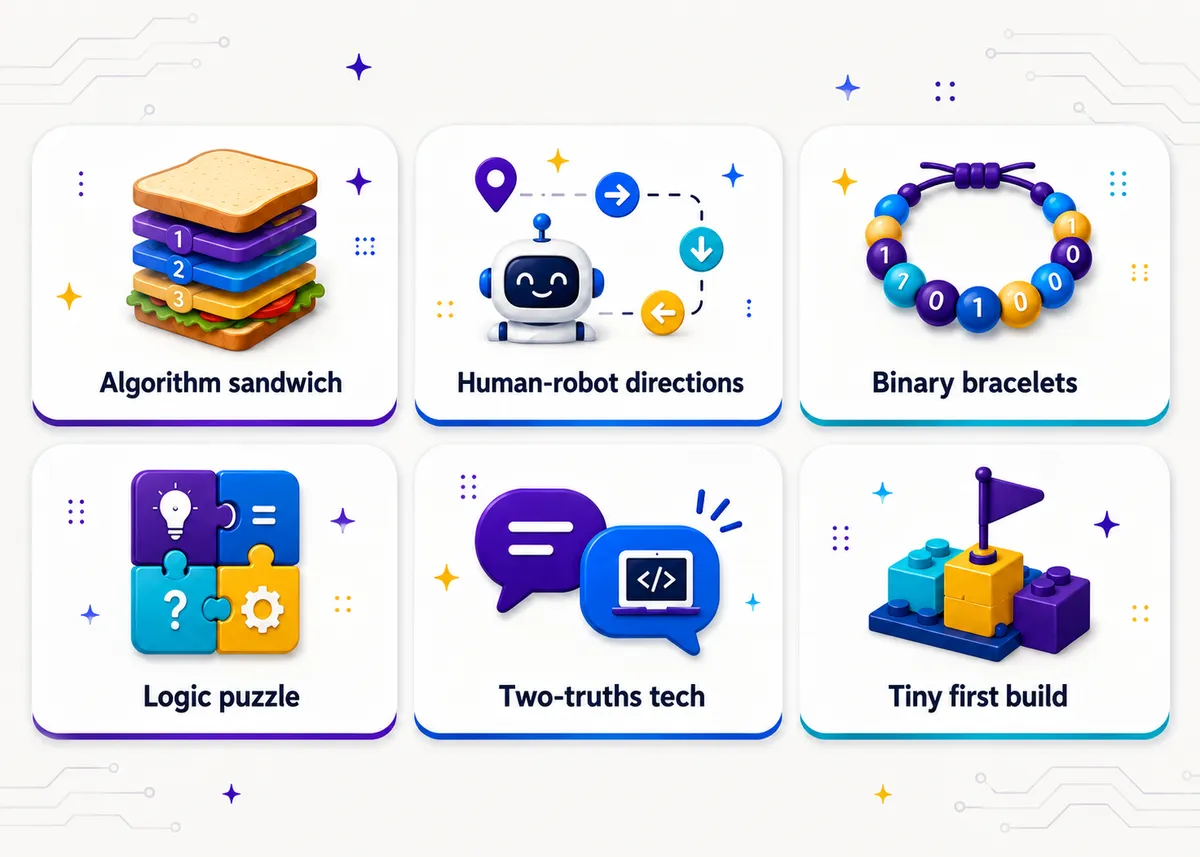 First-week CS activity tiles: Algorithm sandwich, Human-robot directions, Binary bracelets, Logic puzzle, Two-truths tech, Tiny first build