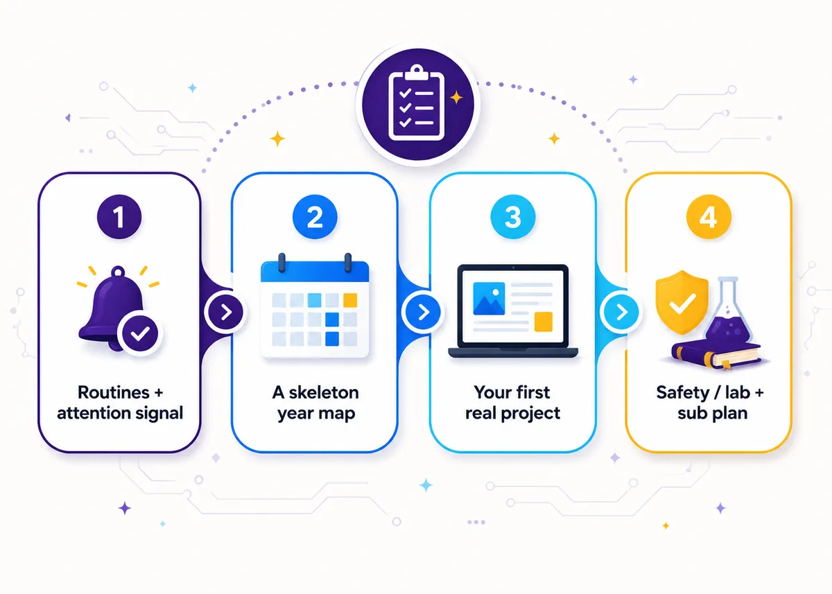 Before day one: four things to set up first: Routines + attention signal, A skeleton year map, Your first real project, Safety / lab + sub plan.