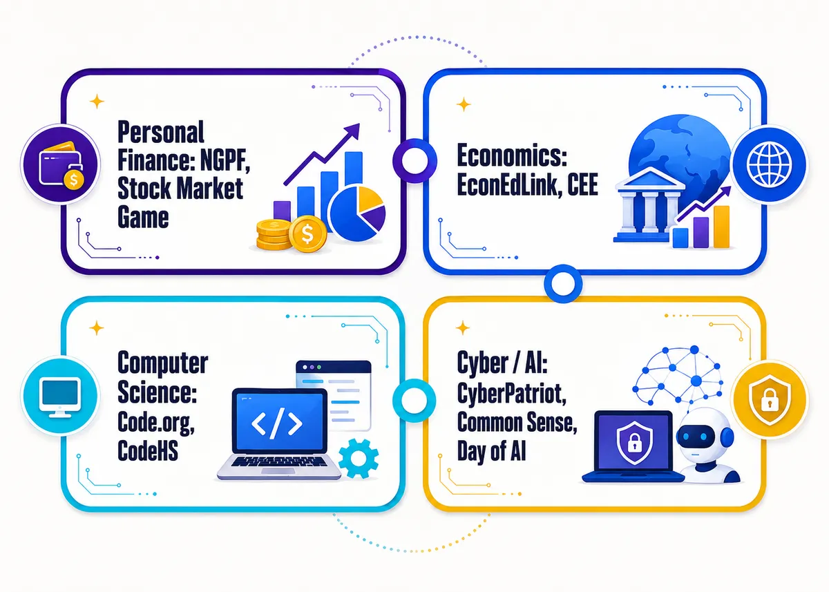 Free starting points by subject: Personal Finance, Economics, Computer Science, Cyber / AI.