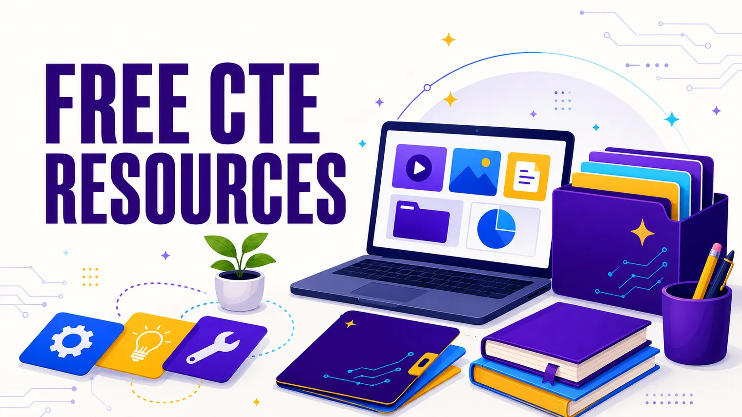 A desk of free teaching tools: folders, a laptop, abstract resource tiles.