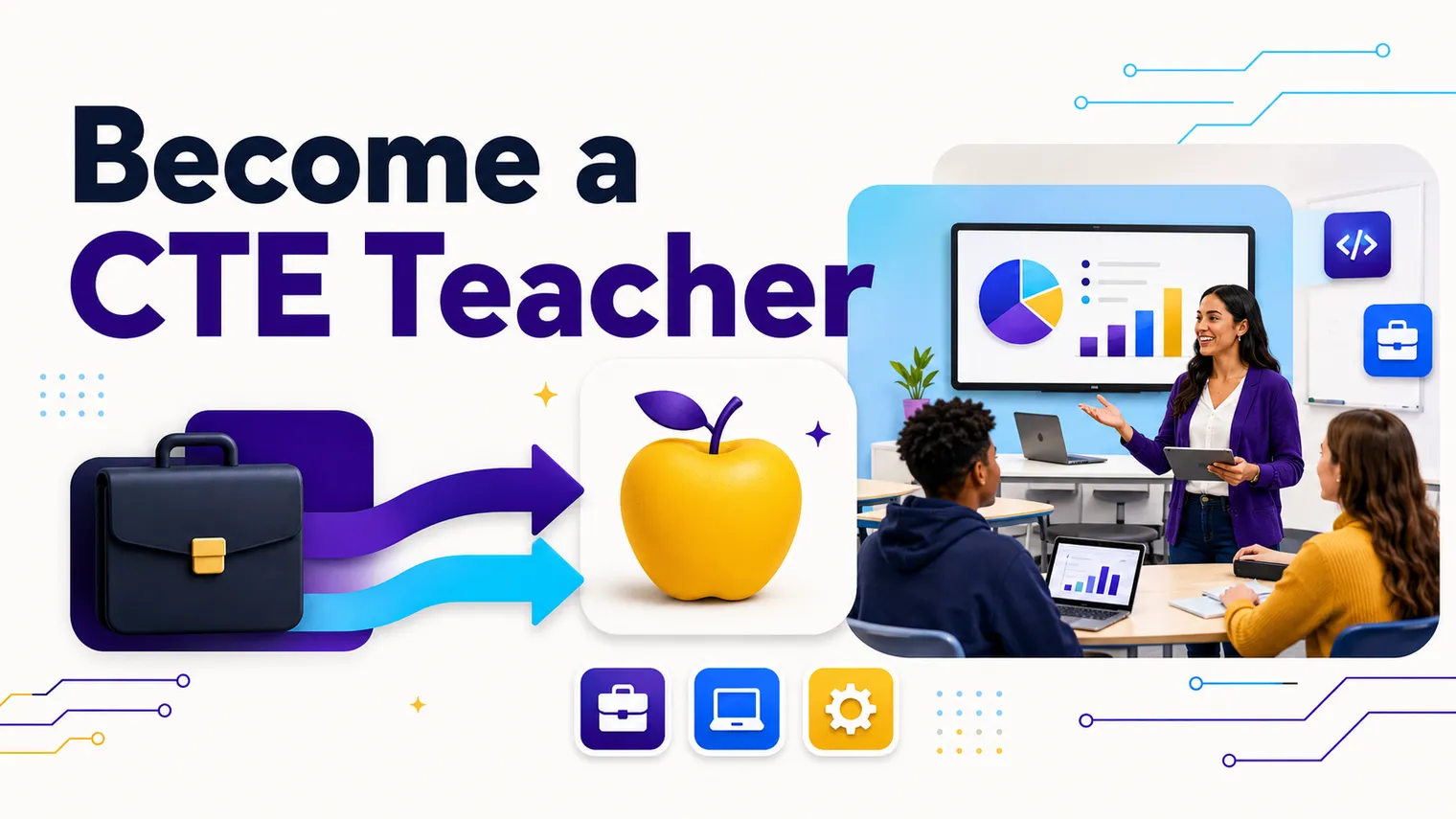 An industry-to-classroom journey: a briefcase becoming an apple, two paths into a school.
