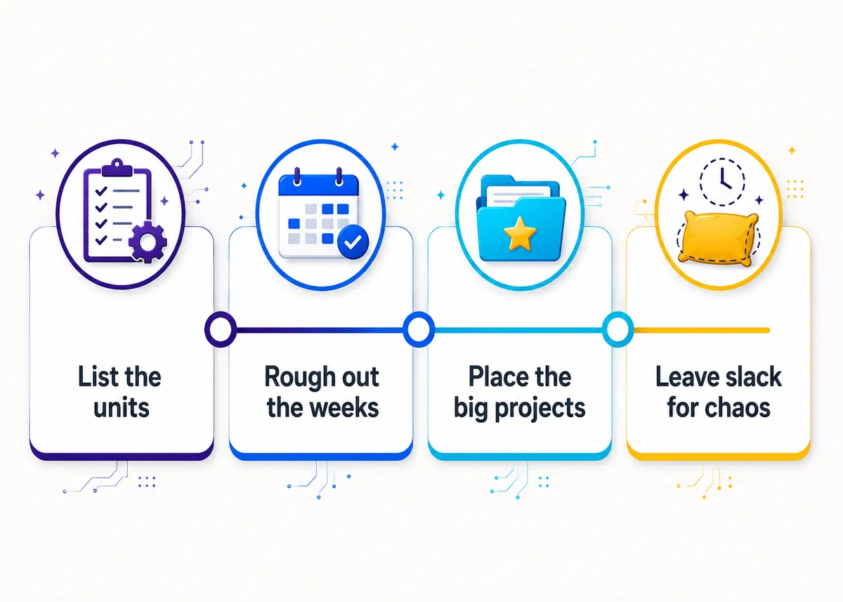 Map the year backward, four steps: List the units, Rough out the weeks, Place the big projects, Leave slack for chaos.