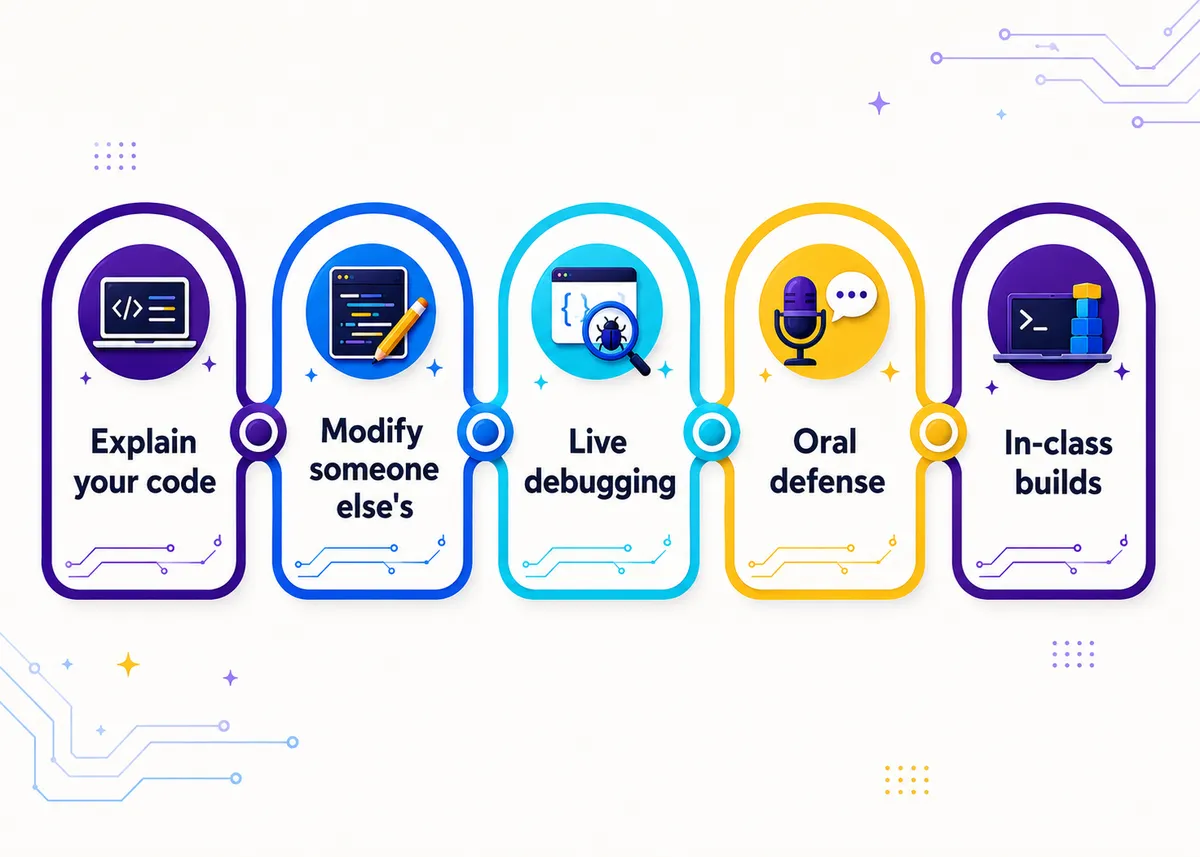 Assessments AI cannot fake: Explain your code, Modify someone else's, Live debugging, Oral defense, In-class builds.