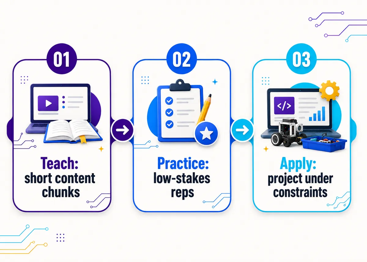 Three-step CTE unit balance: teach the content, practice the skill, then apply it in a project