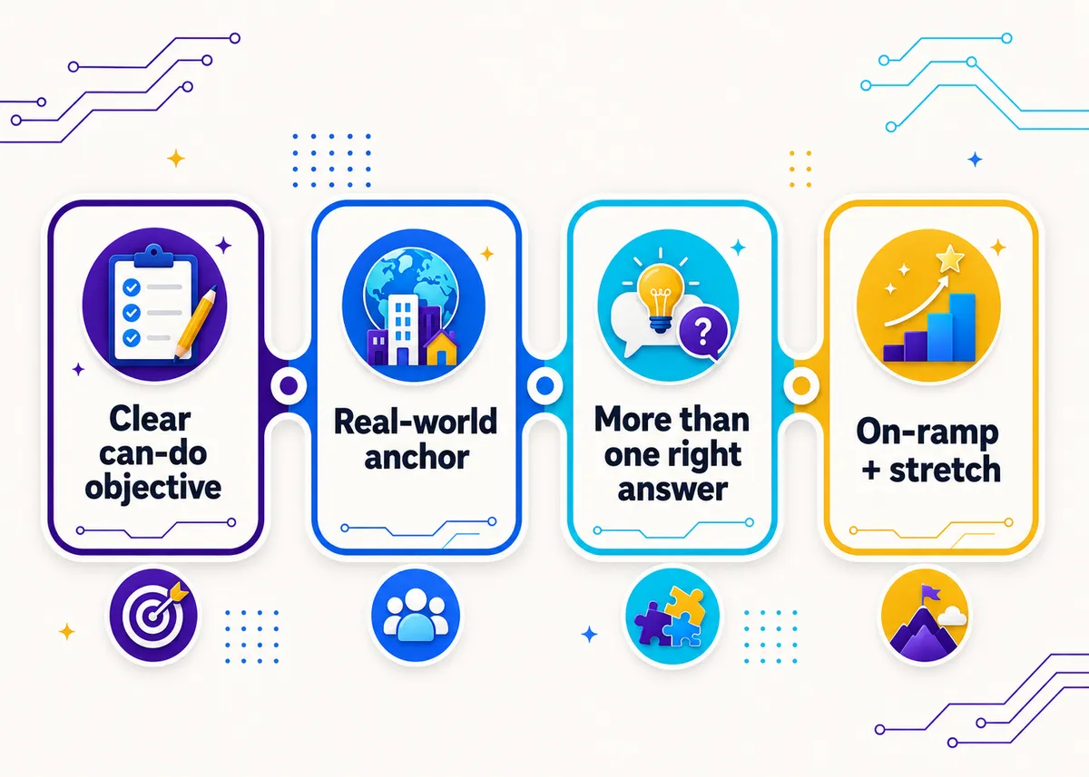 Four cards that make a strong CTE lesson: a clear can-do objective, a real-world anchor, more than one right answer, and an on-ramp plus a stretch