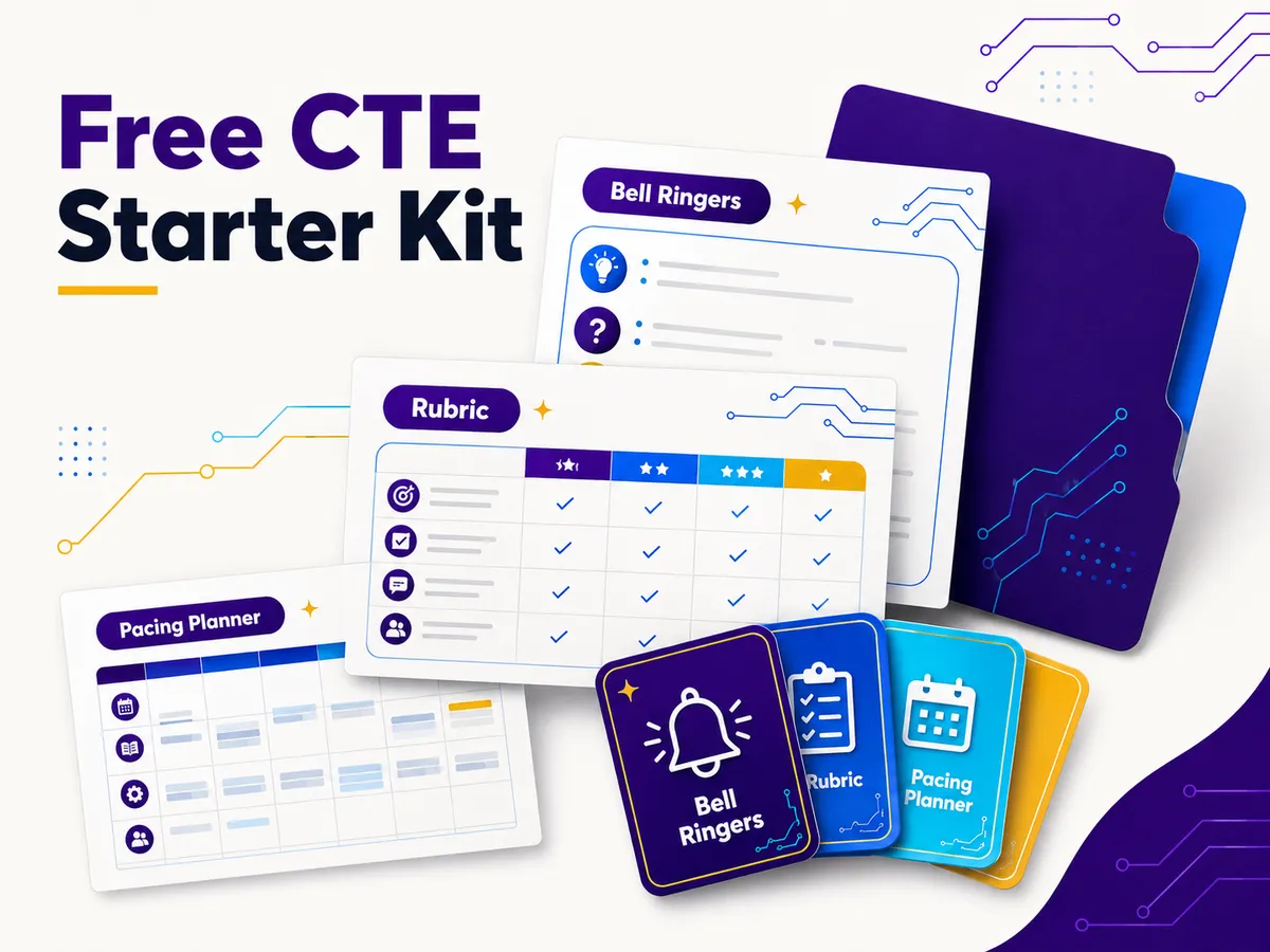A free CTE starter kit fanned out: bell ringers, a project rubric, and a pacing planner