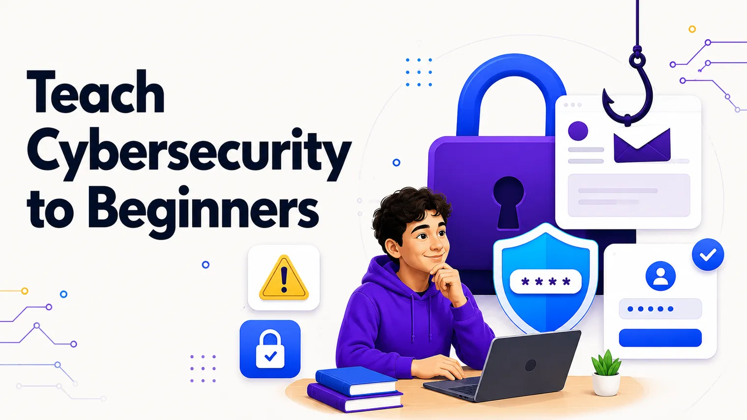 A friendly beginner cyber scene: a padlock, a phishing email, a password shield.