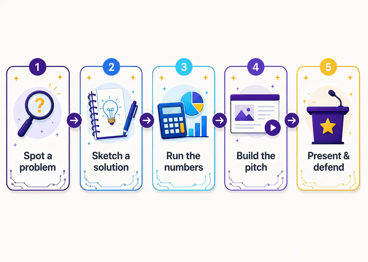 Concept to pitch: Spot a problem, Sketch a solution, Run the numbers, Build the pitch, Present & defend
