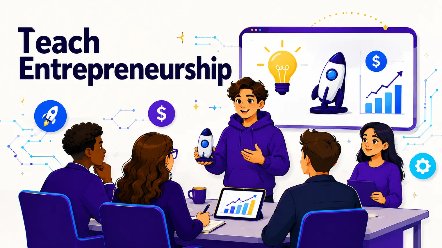 A student pitch with a lightbulb, a product and dollar signs, Shark-Tank style.