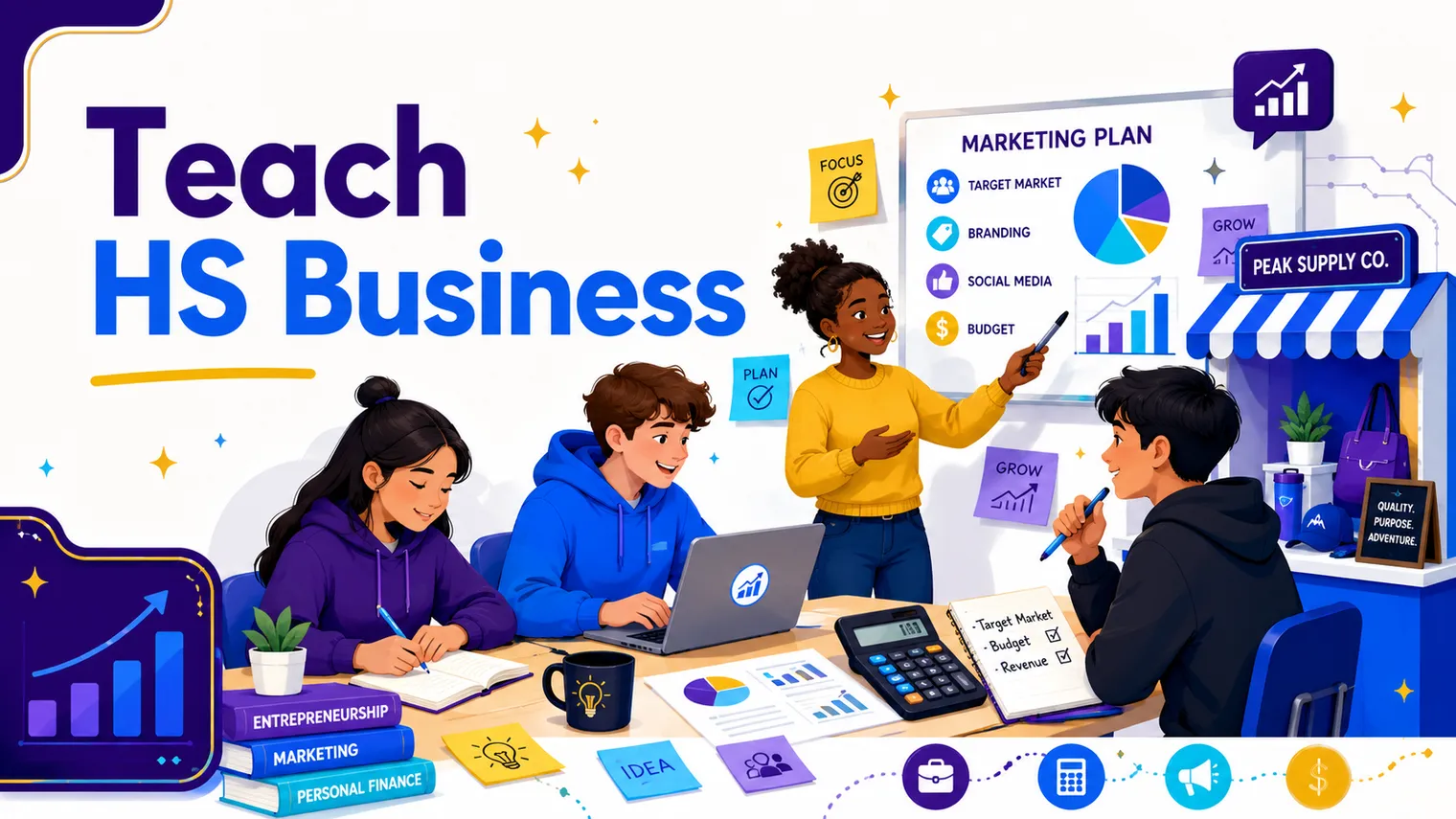 Business classroom: a storefront, marketing board, calculator, charts and sticky notes.