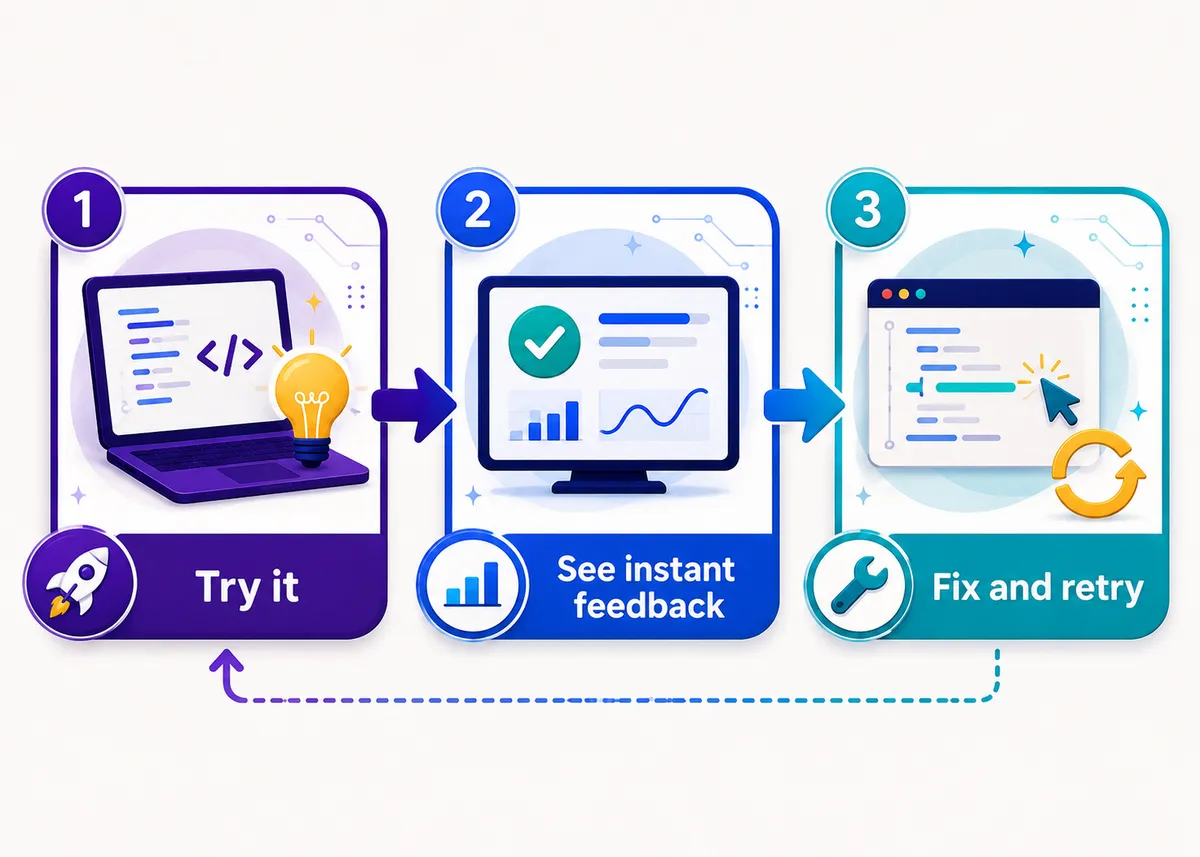 Lower the cost of being wrong loop: Try it, See instant feedback, Fix and retry.