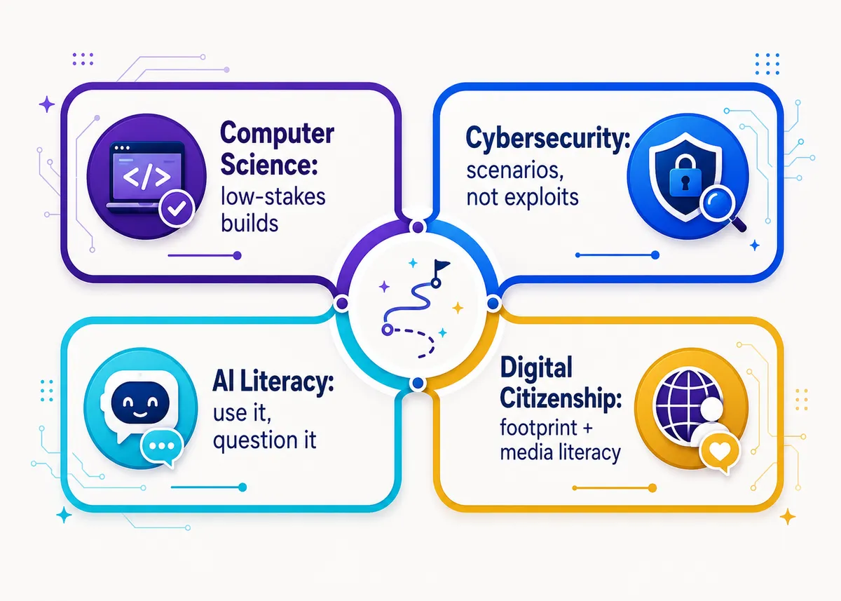 The four corners of high school technology and how each teaches best: Computer Science, Cybersecurity, AI Literacy, Digital Citizenship.