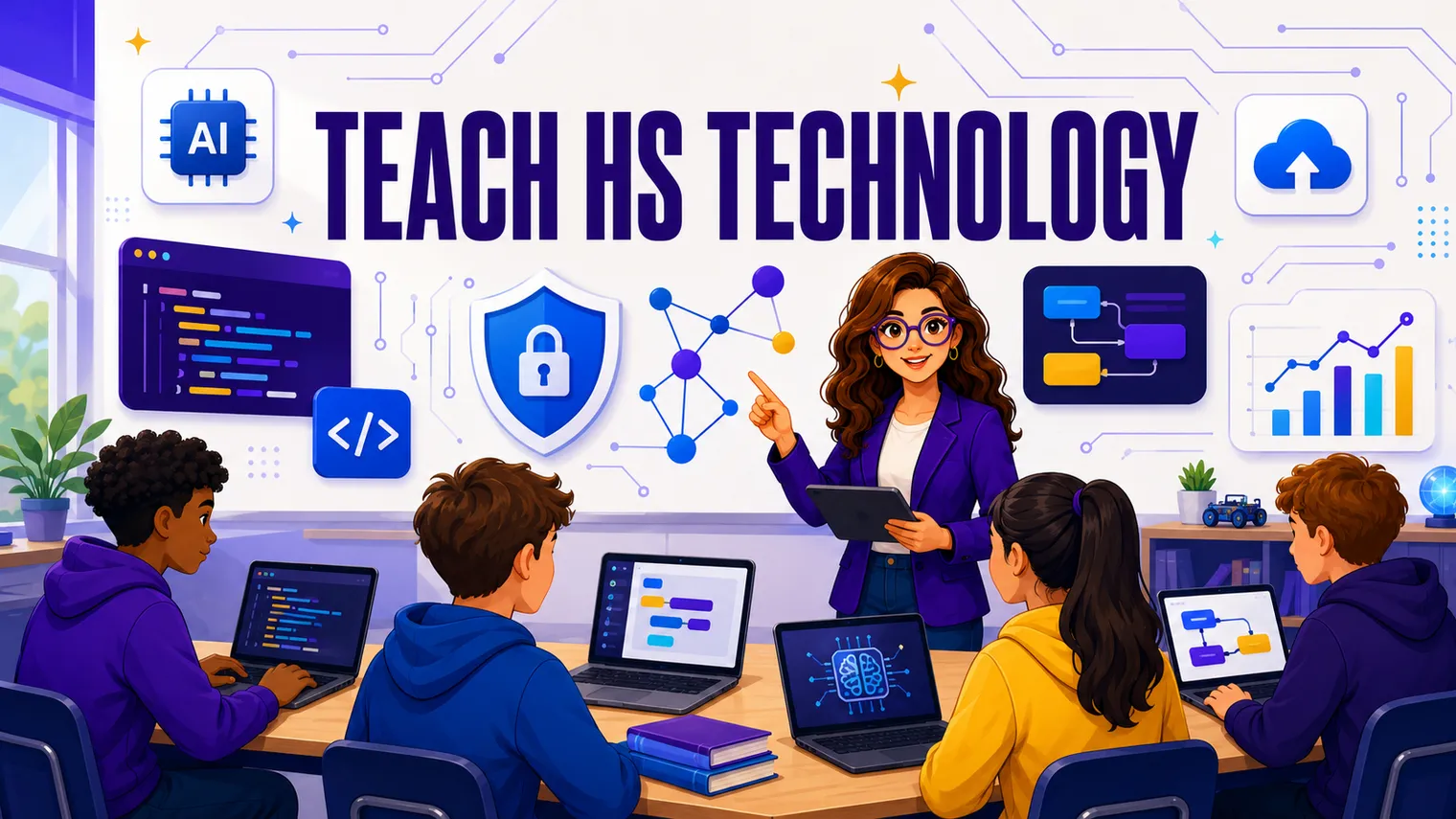 Tech classroom: laptops, code blocks, a cyber shield, an AI icon, network nodes and circuit lines.